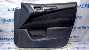 Door trim card front right Nissan Pathfinder 13-20 black with black insert cloth, armrest black cloth, molding black gloss, without backlight, scuffs, scratches, abrasions, dents