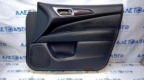 Door trim card front right Nissan Pathfinder 13-20 black with black insert leather, armrest black leather, molding under wood gloss, scuffs, dents, abrasions, scratches, pokes
