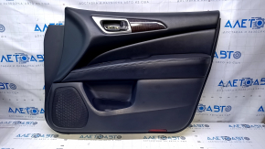 Door trim card front right Nissan Pathfinder 13-20 black with black insert leather, armrest black leather, molding under wood gloss, dents, abrasions, scratches, pokes