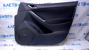 Door trim card front right Mazda 3 14-18 BM black with black insert cloth, molding black gloss, armrest black leather, BOSE, dent, scratches, abrasions, scuffs, broken fasteners