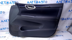 Door trim card front right Nissan Sentra 13-19 black with black insert cloth, armrest black leather, molding black gloss, scuffs