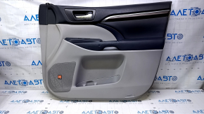 Door trim card front right Toyota Highlander 14-16 gray with black insert leather, armrest black leather, JBL, molding dark wood structure, armrest dented, dents, bump, scuffs