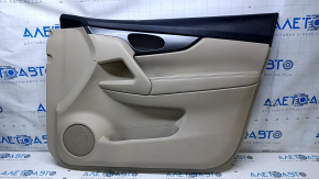 Door trim card front right Nissan Rogue 14-20 beige with beige insert plastic, armrest beige leather, molding gray structure, dents, abrasions, whitened plastic, scuffs