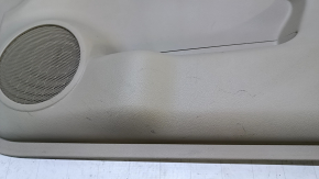 Door trim card front right Nissan Rogue 14-20 beige with beige insert plastic, armrest beige leather, molding gray structure, dents, abrasions, whitened plastic, scuffs