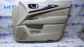 Door trim card front right Infiniti JX35 QX60 13- beige with beige insert leather, armrest beige leather, molding dark wood gloss, dents, bumps, abrasions, scratches, for dry cleaning
