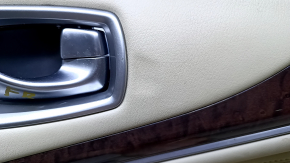Door trim card front right Infiniti JX35 QX60 13- beige with beige insert leather, armrest beige leather, molding dark wood gloss, dents, bumps, abrasions, scratches, for dry cleaning