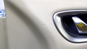 Door trim card front right Infiniti JX35 QX60 13- beige with beige insert leather, armrest beige leather, molding dark wood gloss, dents, bumps, abrasions, scratches, for dry cleaning