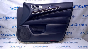 Door trim card front right Infiniti JX35 QX60 13- black with black insert leather, armrest black leather, molding under dark wood gloss, dents, scuffs, pokes, abrasions, scratches
