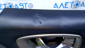 Door trim card front right Infiniti JX35 QX60 13- black with black insert leather, armrest black leather, molding under dark wood gloss, dents, scuffs, pokes, abrasions, scratches