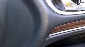 Door trim card front right Infiniti JX35 QX60 13- black with black insert leather, armrest black leather, molding under dark wood gloss, dents, scuffs, pokes, abrasions, scratches