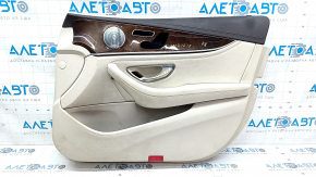 Door trim card front right Mercedes W213 E 300/350/400/450 17-23 beige leather, brown leather top, without curtain, wood insert, Burmester, tears, dents, scratches, needs cleaning