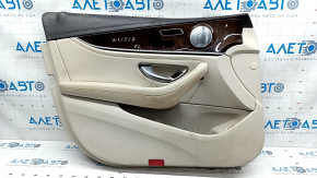 Door trim card front left Mercedes W213 E 300/350/400/450 17-23 beige leather, brown leather top, without curtain, wood insert, Burmester, dents, for cleaning