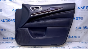 Door trim card front right Infiniti JX35 QX60 13- black with black insert leather, armrest black leather, molding under dark wood gloss, without illumination, dents, bumps, abrasions, scratches