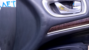 Door trim card front right Infiniti JX35 QX60 13- black with black insert leather, armrest black leather, molding under dark wood gloss, without illumination, dents, bumps, abrasions, scratches