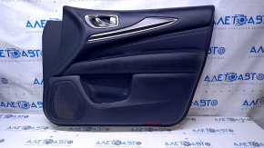 Door trim card front right Infiniti JX35 QX60 13- black with black insert leather, armrest black leather, molding under dark wood gloss, dents, scuffs, bumps, abrasions, scratches