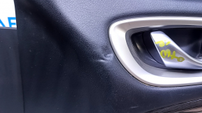 Door trim card front right Infiniti JX35 QX60 13- black with black insert leather, armrest black leather, molding under dark wood gloss, dents, scuffs, bumps, abrasions, scratches