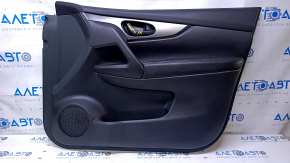 Door trim card front right Nissan Rogue Sport 17-19 black, armrest leather black, overlay gray structure, handle black matte, scratches, dents