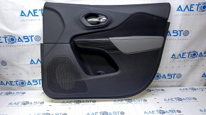 Door trim card front right Jeep Cherokee KL 14-18 black with black insert cloth, armrest gray leather, molding dark wood structure, scratches, abrasions, dents