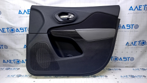 Door trim card front right Jeep Cherokee KL 14-18 black with black insert cloth, armrest gray leather, molding dark wood structure, scratches, abrasions, dents, bumps
