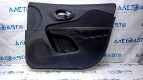 Door trim card front right Jeep Cherokee KL 14-18 black with black insert cloth, armrest black leather, molding dark wood structure, dents, abrasions, scratches