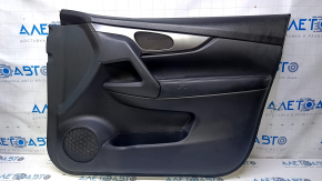 Door trim card front right Nissan Rogue 14-20 black, with black plastic insert, armrest black leather, molding graphite structure, dents, abrasions, scratches