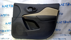 Door trim card front right Jeep Cherokee KL 14-18 black with beige insert leather, armrest black leather brown stitching, molding dark wood structure, dent, scratches for cleaning