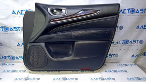 Door trim card front right Infiniti JX35 QX60 13- black with black insert leather, armrest black leather, molding under dark wood gloss, dents, bumps, abrasions, scratches