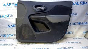 Door trim card front right Jeep Cherokee KL 14-18 black with black insert cloth, armrest gray leather, molding dark wood structure, scratches, abrasions, dents
