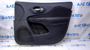 Door trim card front right Jeep Cherokee KL 14-18 black with black insert cloth, armrest black leather, molding dark wood structure, dents, bumps, abrasions, scratches