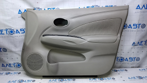 Door trim card front right Nissan Versa 12-19 usa gray with gray insert cloth, armrest gray plastic, scratches, abrasions, whitened plastic
