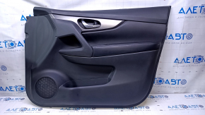 Door trim card front right Nissan Rogue 14-20 black, with black plastic insert, armrest black leather, molding graphite structure, scratches, dents, abrasions