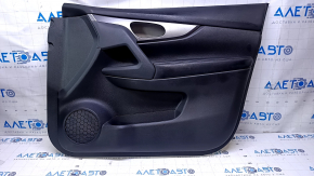 Door trim card front right Nissan Rogue 14-20 black, with black plastic insert, armrest black leather, molding graphite structure, scratches, dents, abrasions