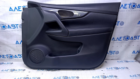 Door trim card front right Nissan Rogue 14-20 black, with black plastic insert, armrest black leather, molding graphite structure, scratches, dents, abrasions