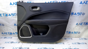 Door trim card front right Jeep Compass 17- black with black insert leather, black leather armrest, brown stitching, gray insert under the speaker, scuff, dent, abrasions, scratches