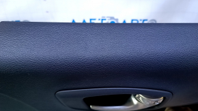 Door trim card front right Jeep Compass 17- black with black insert leather, black leather armrest, brown stitching, gray insert under the speaker, scuff, dent, abrasions, scratches