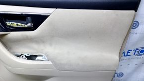 Door trim card front right Nissan Altima 13-18 beige with beige insert cloth, armrest beige cloth, molding black gloss, whitened plastic scuffs, dent, for dry cleaning