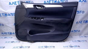 Door trim card front right Nissan Sentra 13-19 black with black insert cloth, armrest black leather, molding gray structure, scuffs, dent