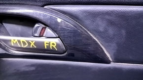Door trim card front right Acura MDX 07-13 black with black insert leather, armrest black leather, molding dark wood gloss, scuffs, scratches, pokes, nicks