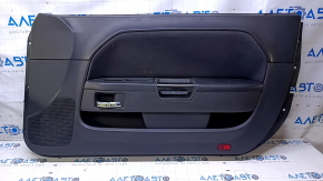 Door trim card front right Dodge Challenger 09-14 prerest black with black insert cloth, armrest black leather, scuffs, scratches, nicks, pokes