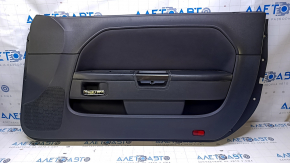 Door trim card front right Dodge Challenger 09-14 prerest black with black insert cloth, armrest black leather, scuffs, scratches, peeled chrome on the handle, bump, dent