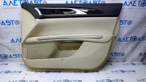 Door trim card front right Lincoln MKZ 13-16 beige with beige insert leather, armrest beige leather, molding dark wood gloss, scratches, dents, bumps, for dry cleaning