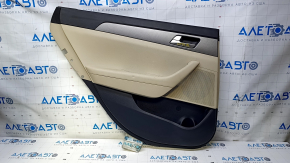 Door trim card rear left Hyundai Sonata 15-17 black with beige insert plastic, armrest beige leather, gray molding structure, scratches, abrasions, dent, scuff