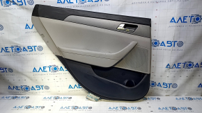 Door trim card rear left Hyundai Sonata 15-17 black with gray insert plastic, armrest gray leather, gray molding structure, scuffs, pokes, scratches, abrasions