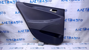 Door trim card rear left Hyundai Sonata 11-15 black with gray insert plastic, armrest gray leather, black molding structure, scratches, scuffs, abrasions, dents, bumps