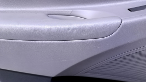 Door trim card rear left Hyundai Sonata 11-15 black with gray insert plastic, armrest gray leather, black molding structure, scratches, scuffs, abrasions, dents, bumps