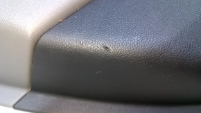 Door trim card rear left Hyundai Sonata 11-15 black with gray insert plastic, armrest gray leather, black molding structure, scratches, scuffs, abrasions, dents, bumps