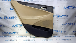 Door trim card rear left Hyundai Sonata 11-15 beige with beige insert plastic, armrest beige leather, molding black structure, dents, abrasions, scratches