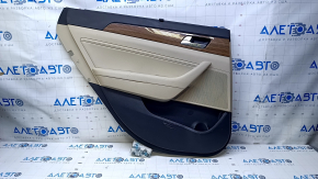 Door trim card rear left Hyundai Sonata 15-17 black with beige insert leather, armrest beige leather, molding light wood gloss, with curtain, scratches, abrasions, dents, scuffs