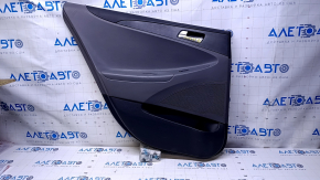 Door trim card rear left Hyundai Sonata 11-15 black with gray insert plastic, armrest gray leather, black molding structure, scratches, scuffs, abrasions, dents, bumps