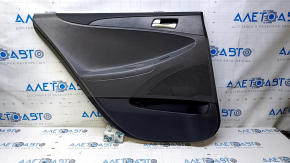 Door trim card rear left Hyundai Sonata 11-15 black with gray insert plastic, armrest gray leather, black molding structure, scratches, abrasions, dents